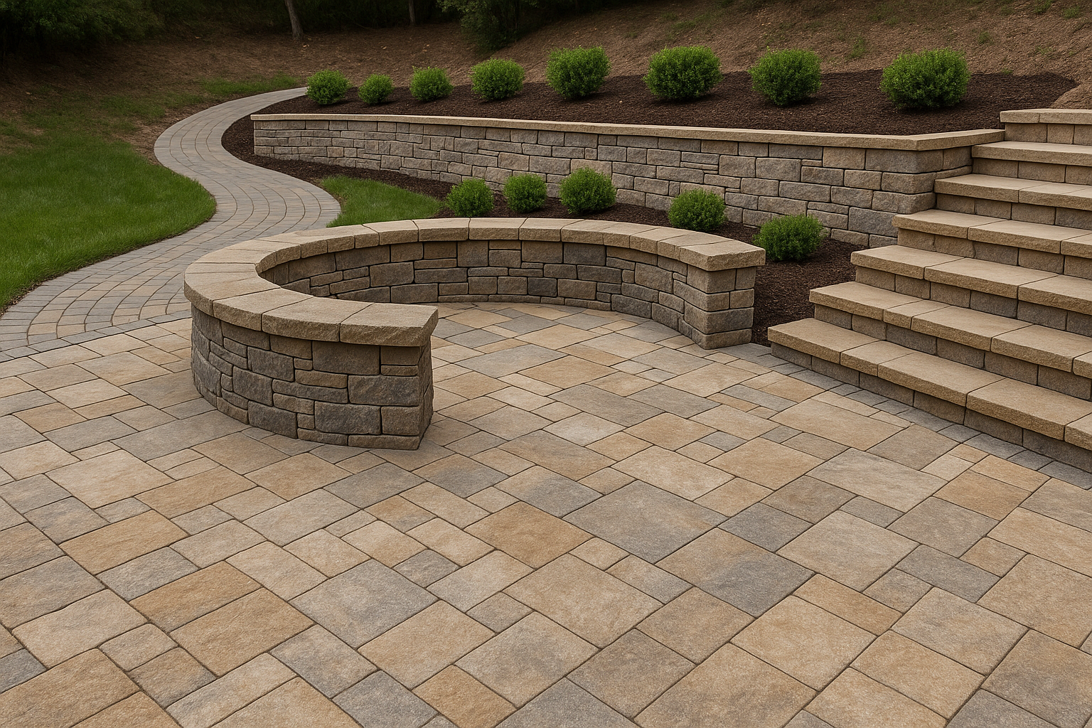 Professional hardscape patio with stone fire pit and curved pathways