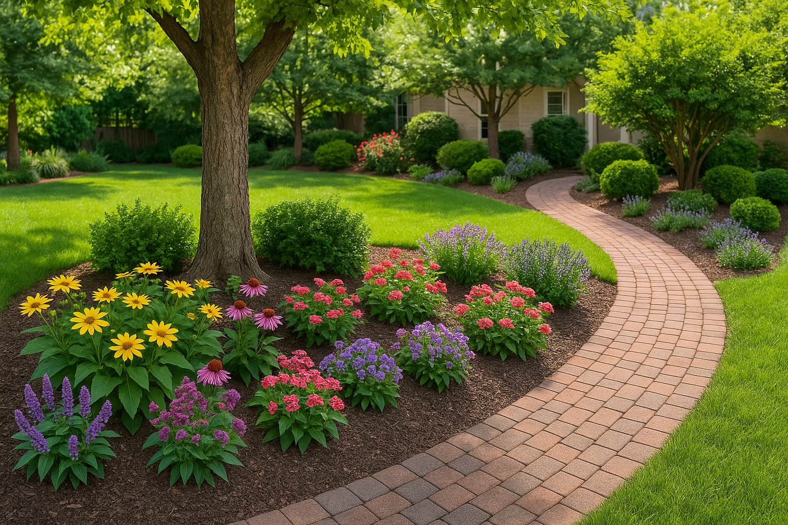 Modern garden design with colorful flowers and curved brick pathway