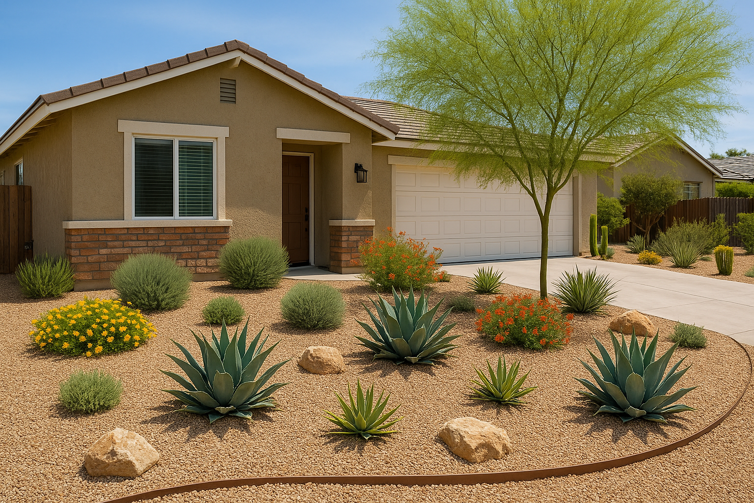 Drought-resistant landscape with agave plants and xerophytic design