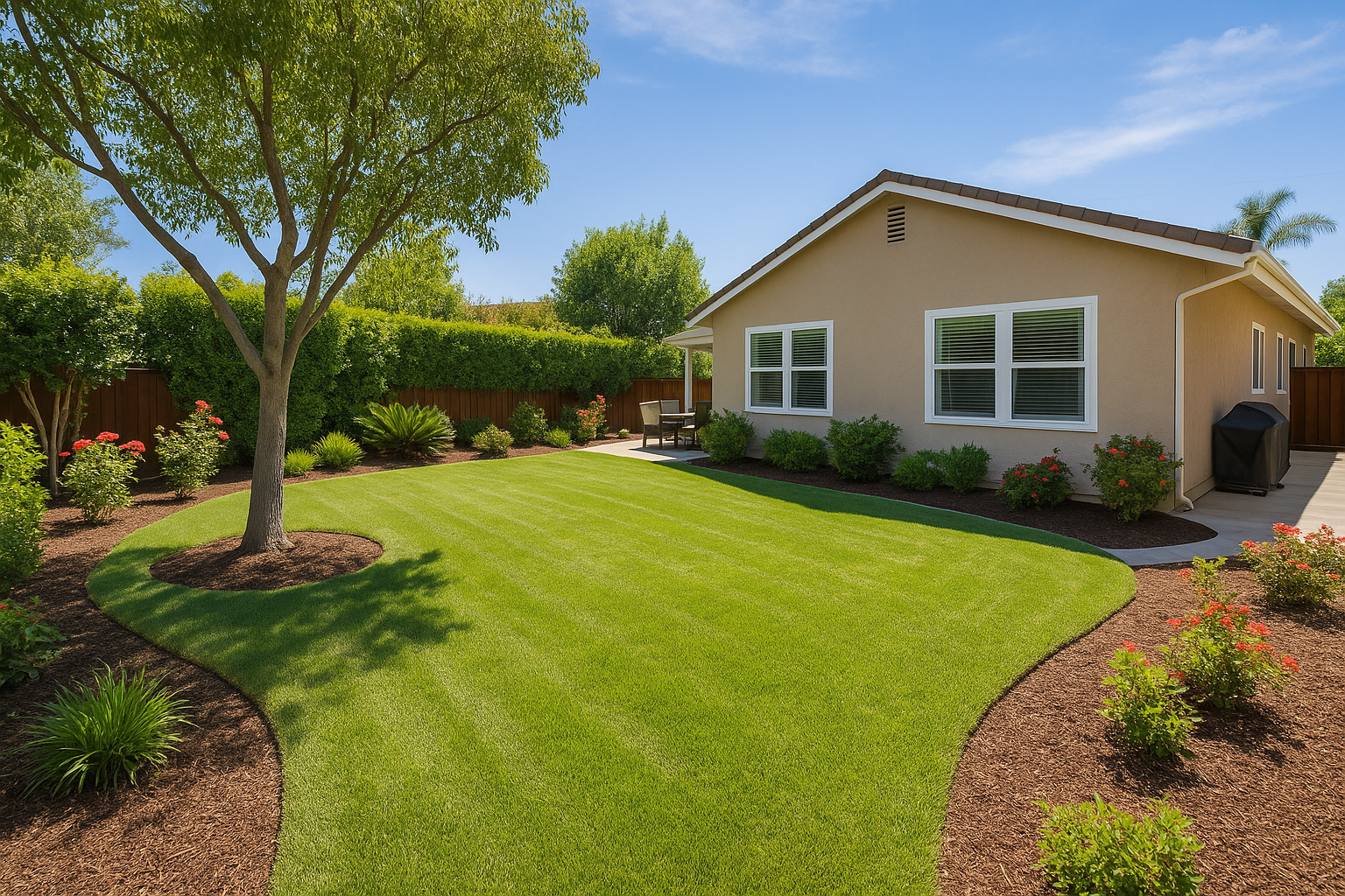 Professional Fullerton backyard transformation featuring pristine green lawn, mature shade tree, and expert landscaping design by Lawndale Inc. in Orange County